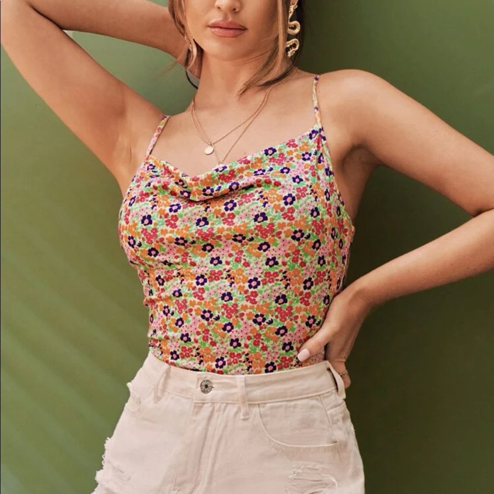 Bright Floral Cowl Neck Top